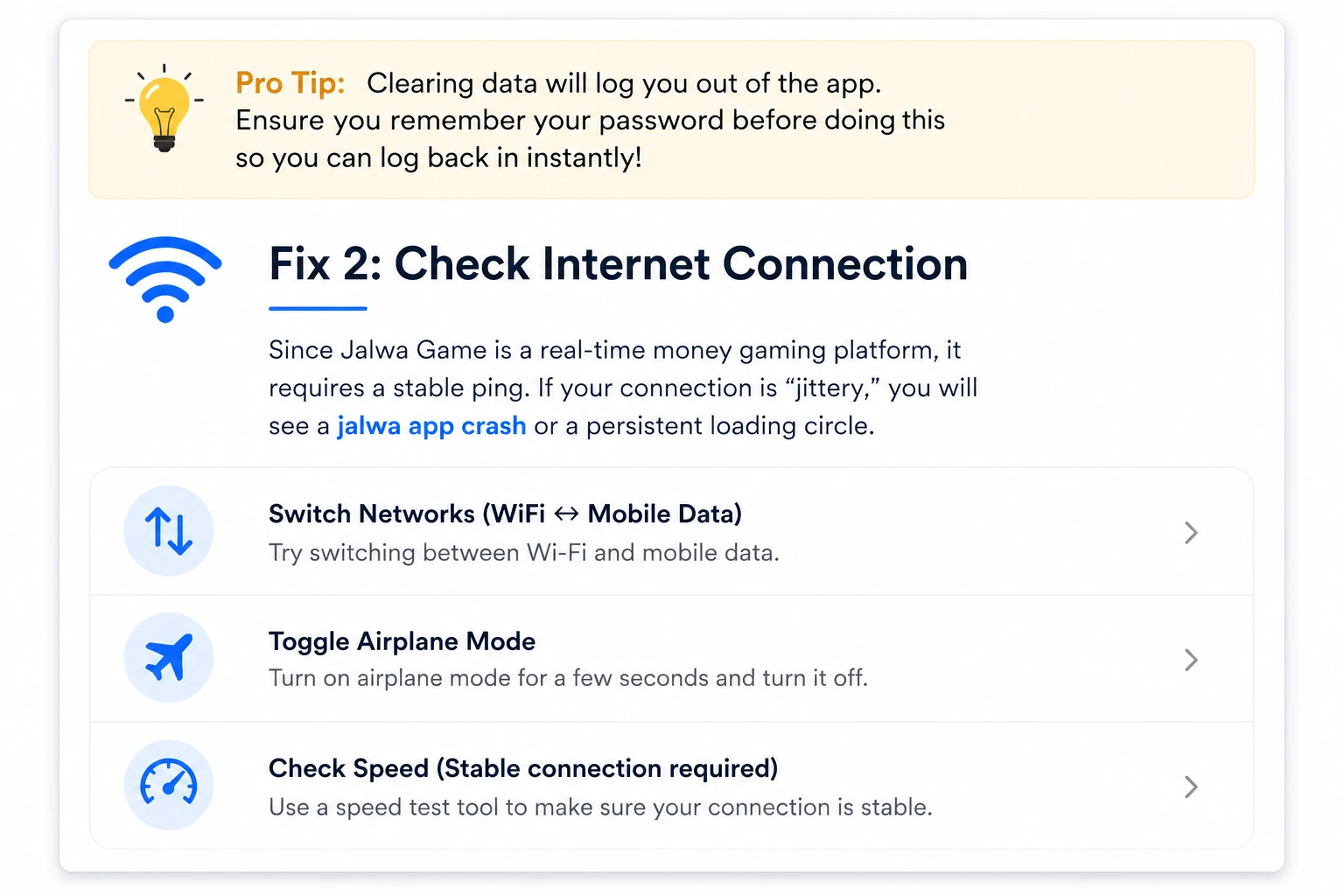 Steps to fix Jalwa Game not working by checking internet connection, switching networks, toggling airplane mode, and testing speed