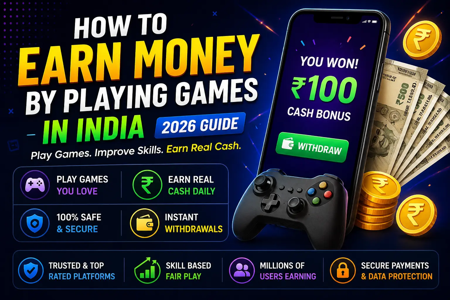 How to earn money by playing games in India showing cash rewards and gaming apps
