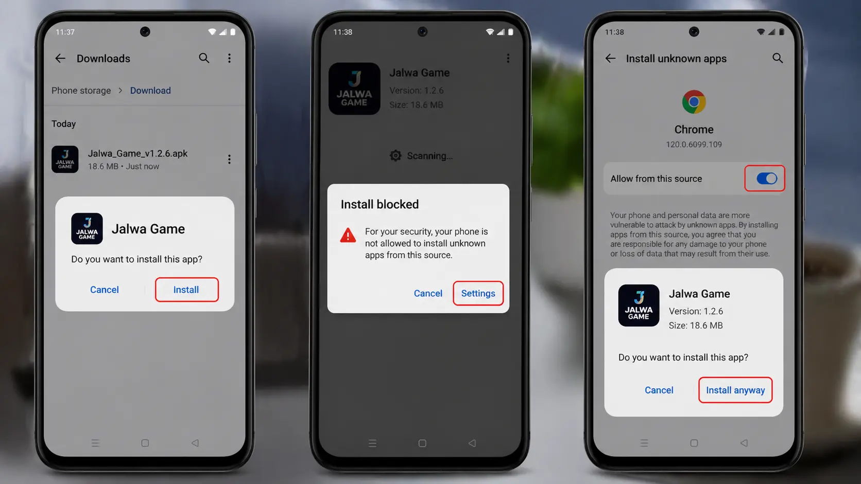 jalwa game apk install process showing download file, install blocked message, and enable unknown sources on android phone