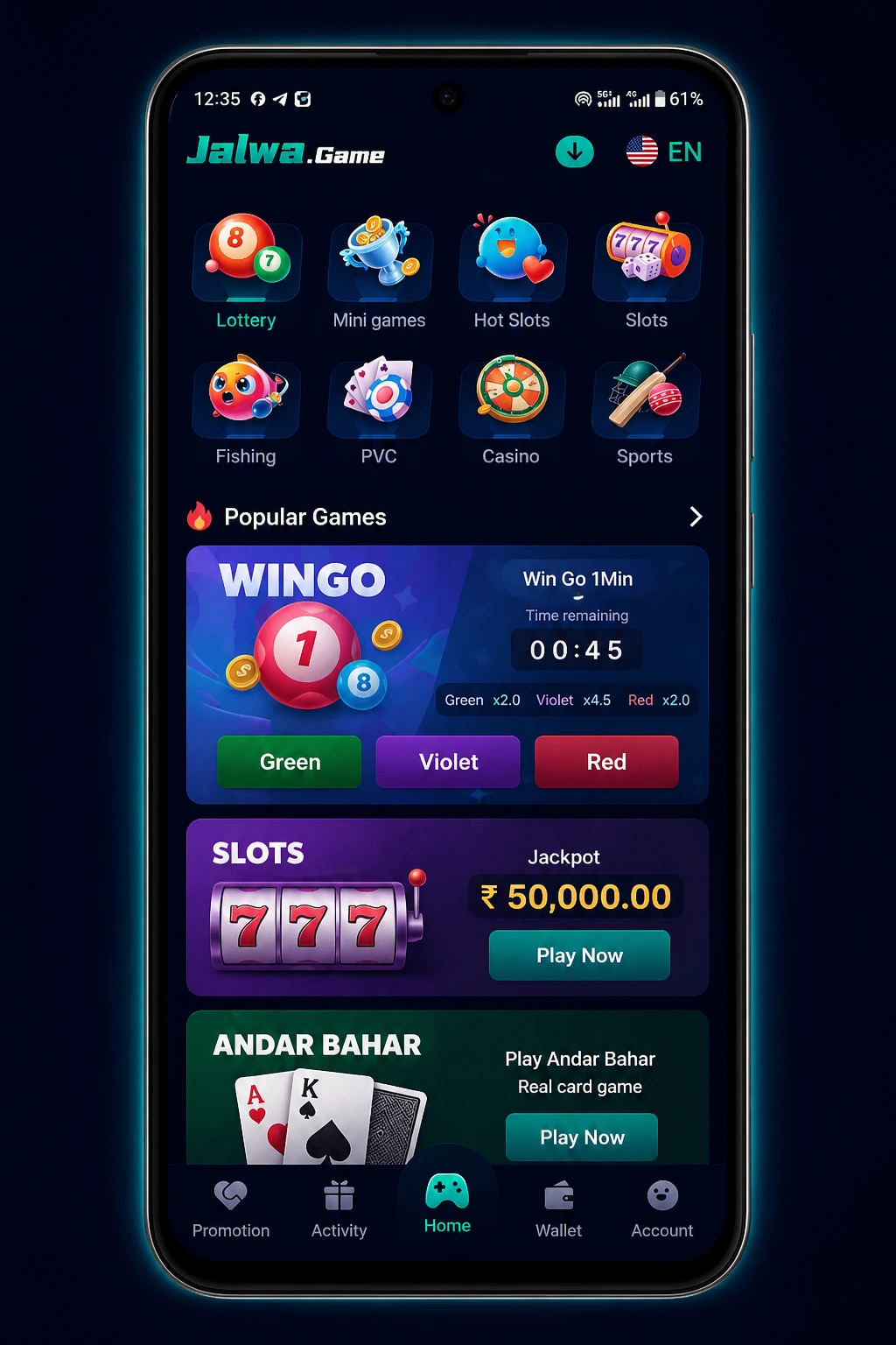 Jalwa Game mobile app interface showing Wingo, slots and Andar Bahar games on smartphone screen