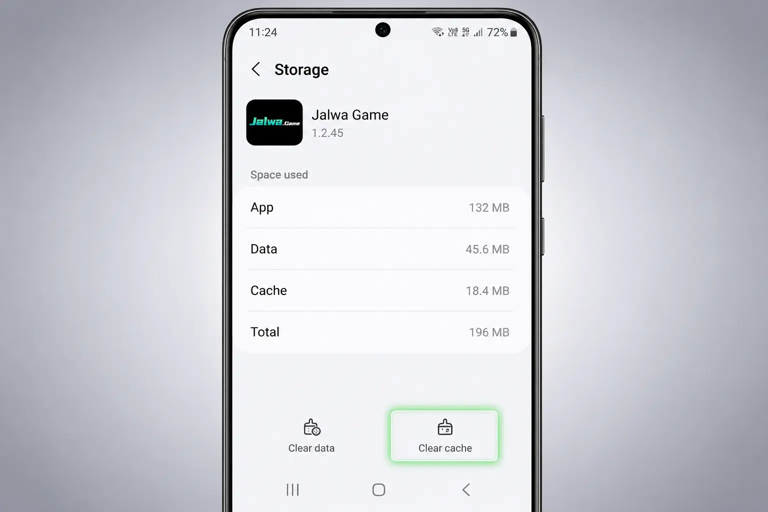 Android app storage screen showing Jalwa Game with clear cache option highlighted to fix performance issues