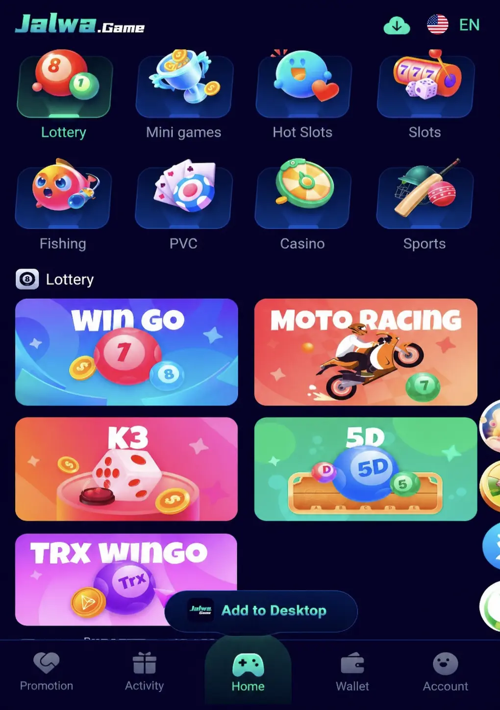 Jalwa Game dashboard showing Wingo and other game options