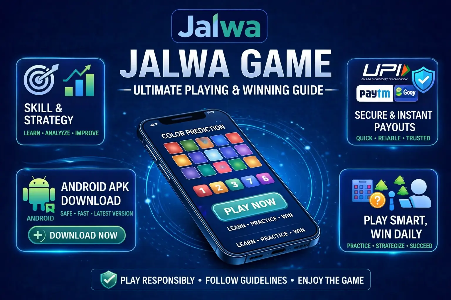 Jalwa Game skill-based color prediction interface with Android APK download option and secure UPI payouts for strategy gameplay