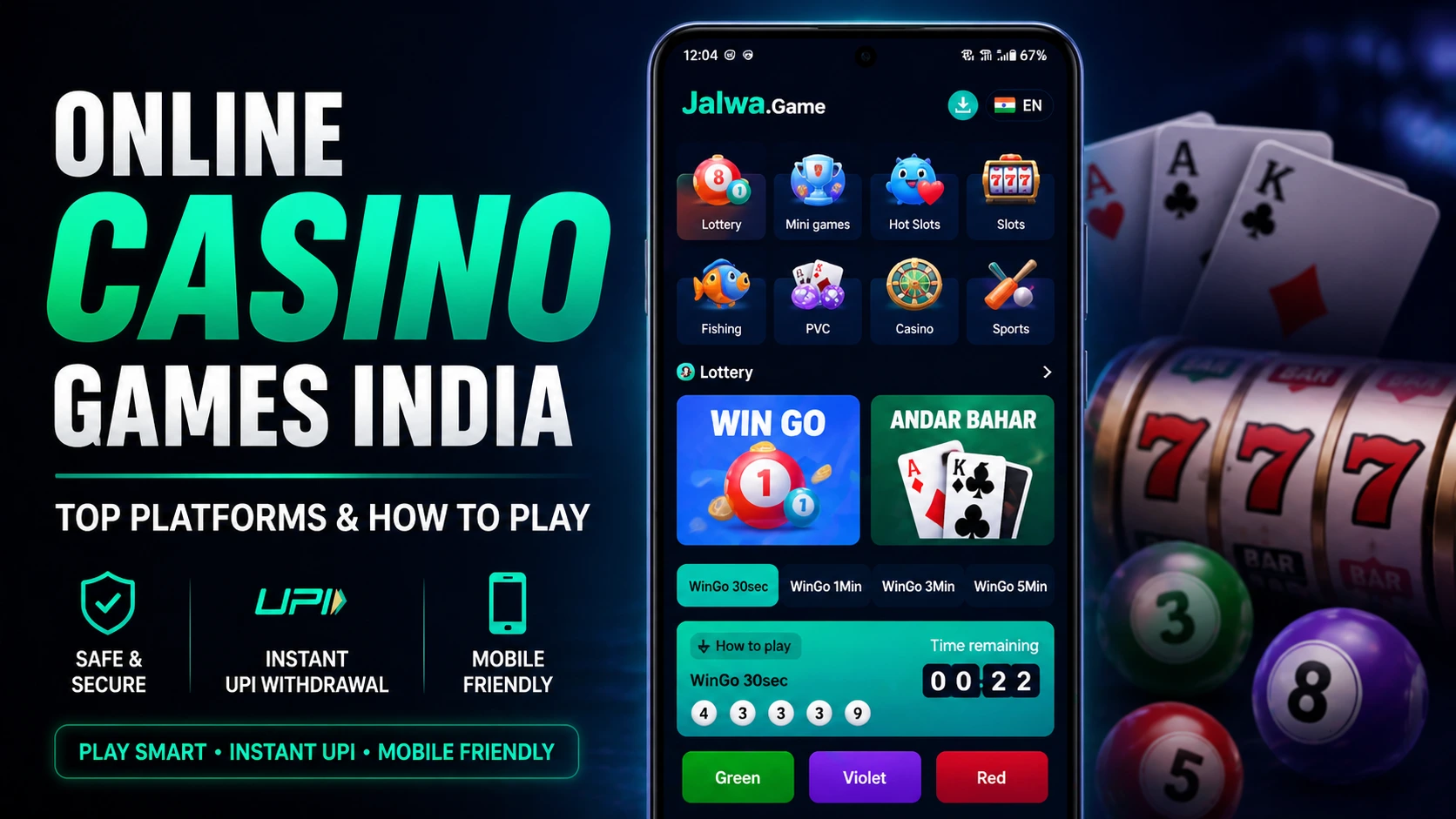 Jalwa Game online casino games India app interface showing Wingo slots and Andar Bahar on mobile