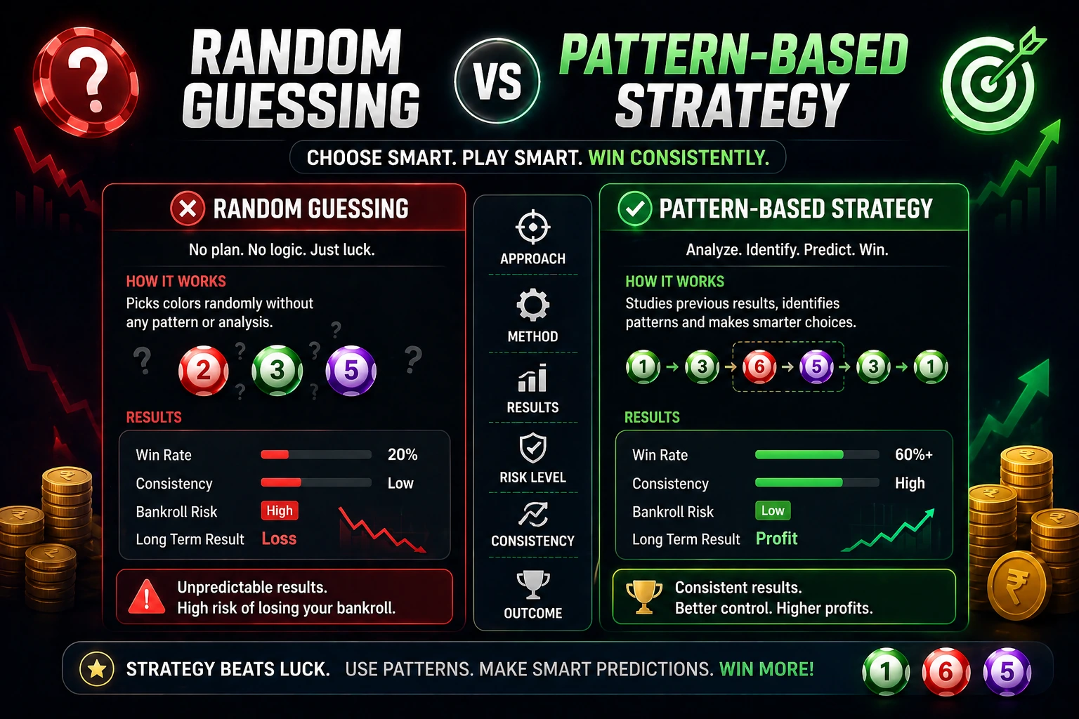 Random guessing vs pattern based strategy in colour prediction games