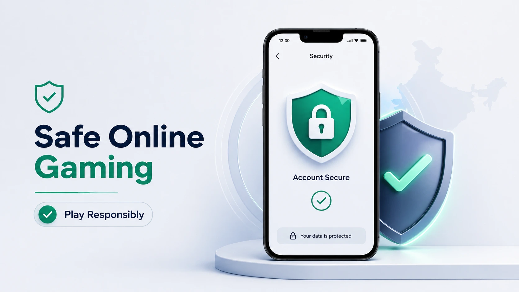 Minimal safe online gaming infographic with smartphone security screen and shield icon