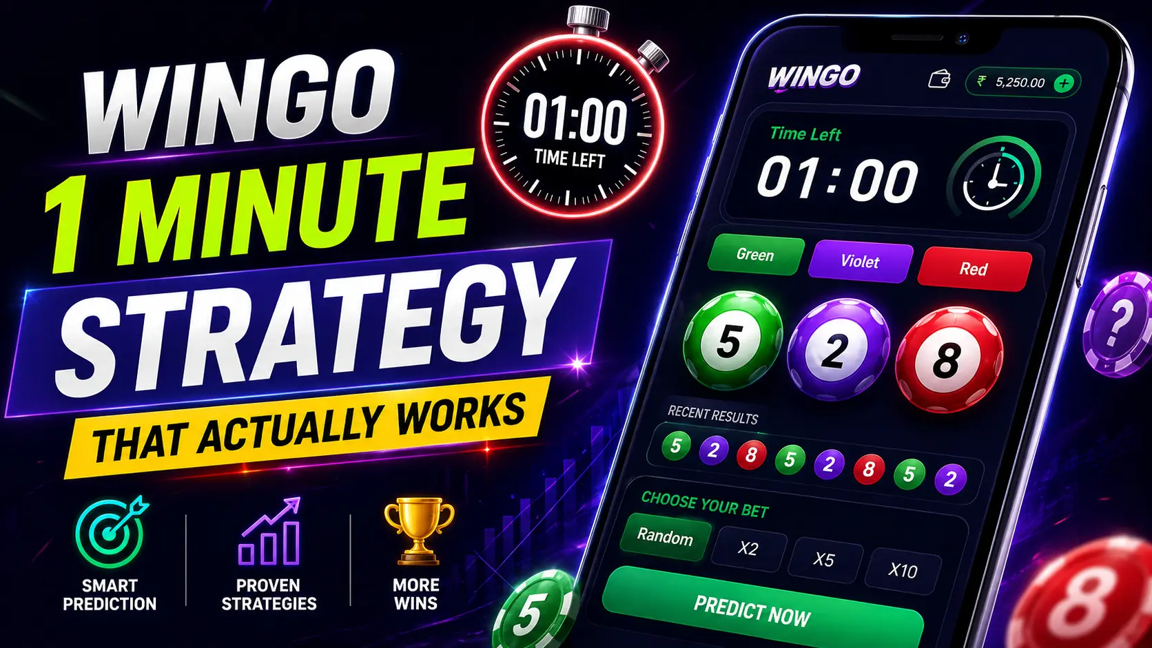 wingo 1 minute prediction strategy with timer and color balls interface