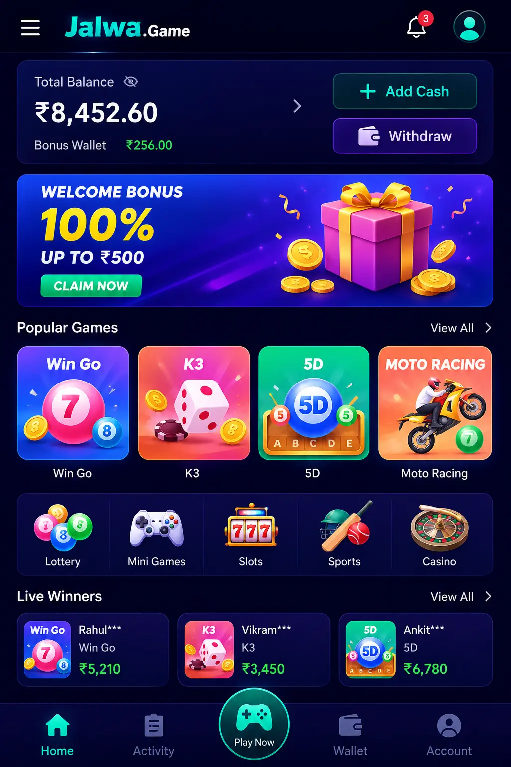 Jalwa Game real money app interface showing wallet balance, popular games, live winners, and gaming dashboard