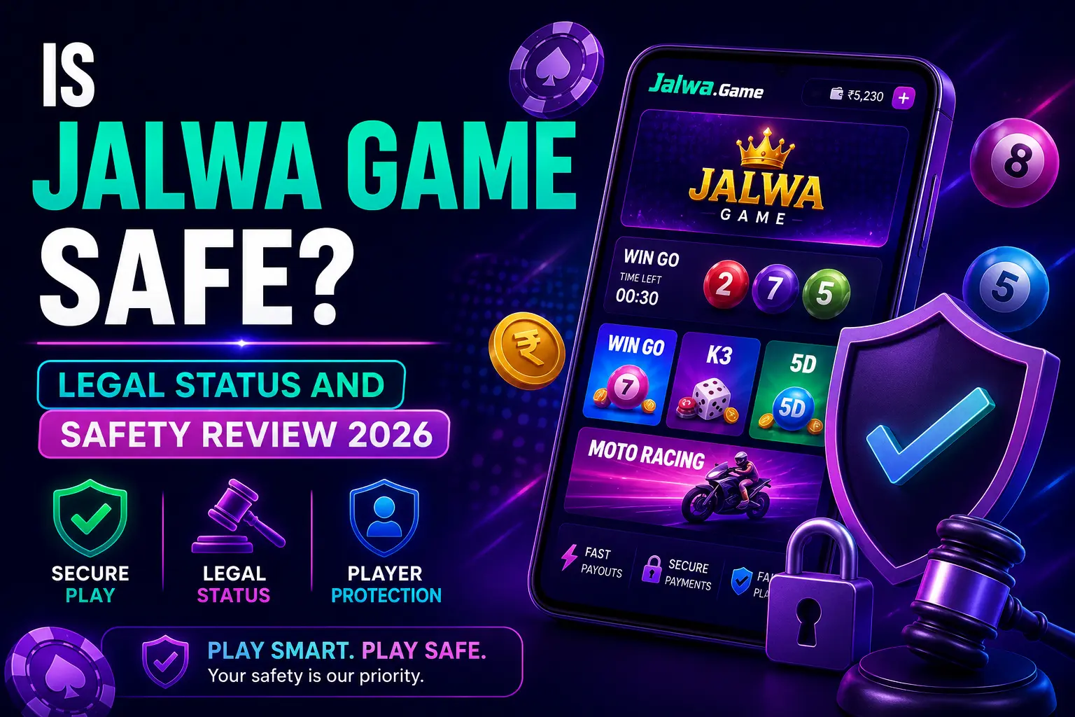 Jalwa Game safety review banner showing legal status, secure payments, player protection, and gaming app security in India 2026