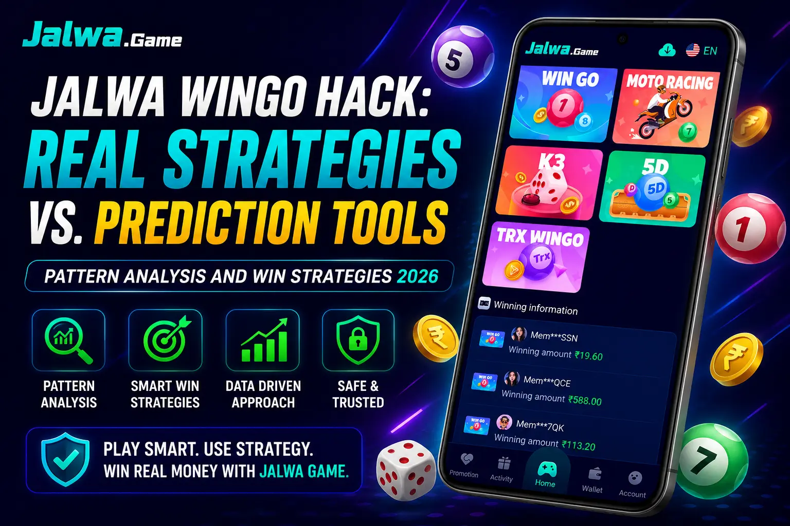 Jalwa Wingo hack strategies infographic showing prediction tools, pattern analysis, smart win methods, and Jalwa Game mobile interface for Wingo gameplay in 2026