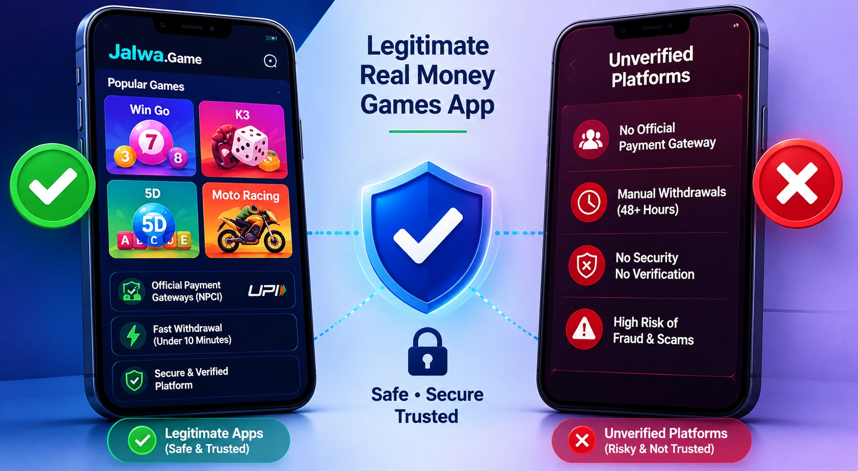 Comparison between legitimate real money games app and unverified gaming platforms with security and withdrawal features.
